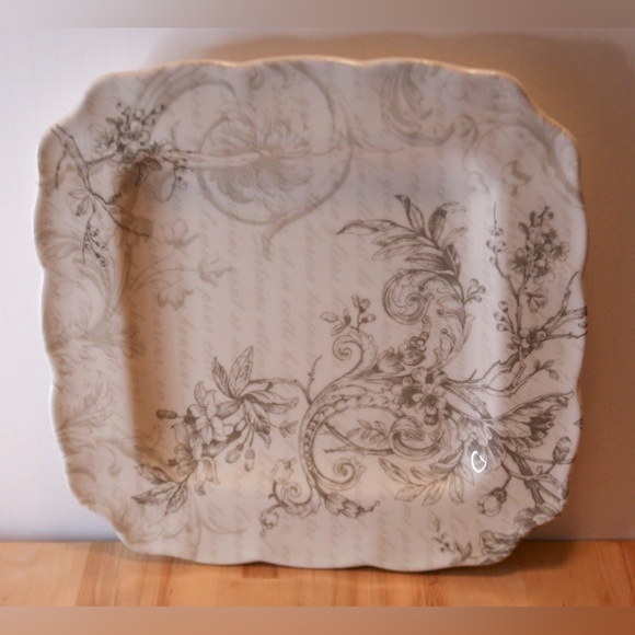 222 Fifth “Love Poem” Fine China Square Plate – 10” Gray Floral Scroll Design - Picture 3 of 8